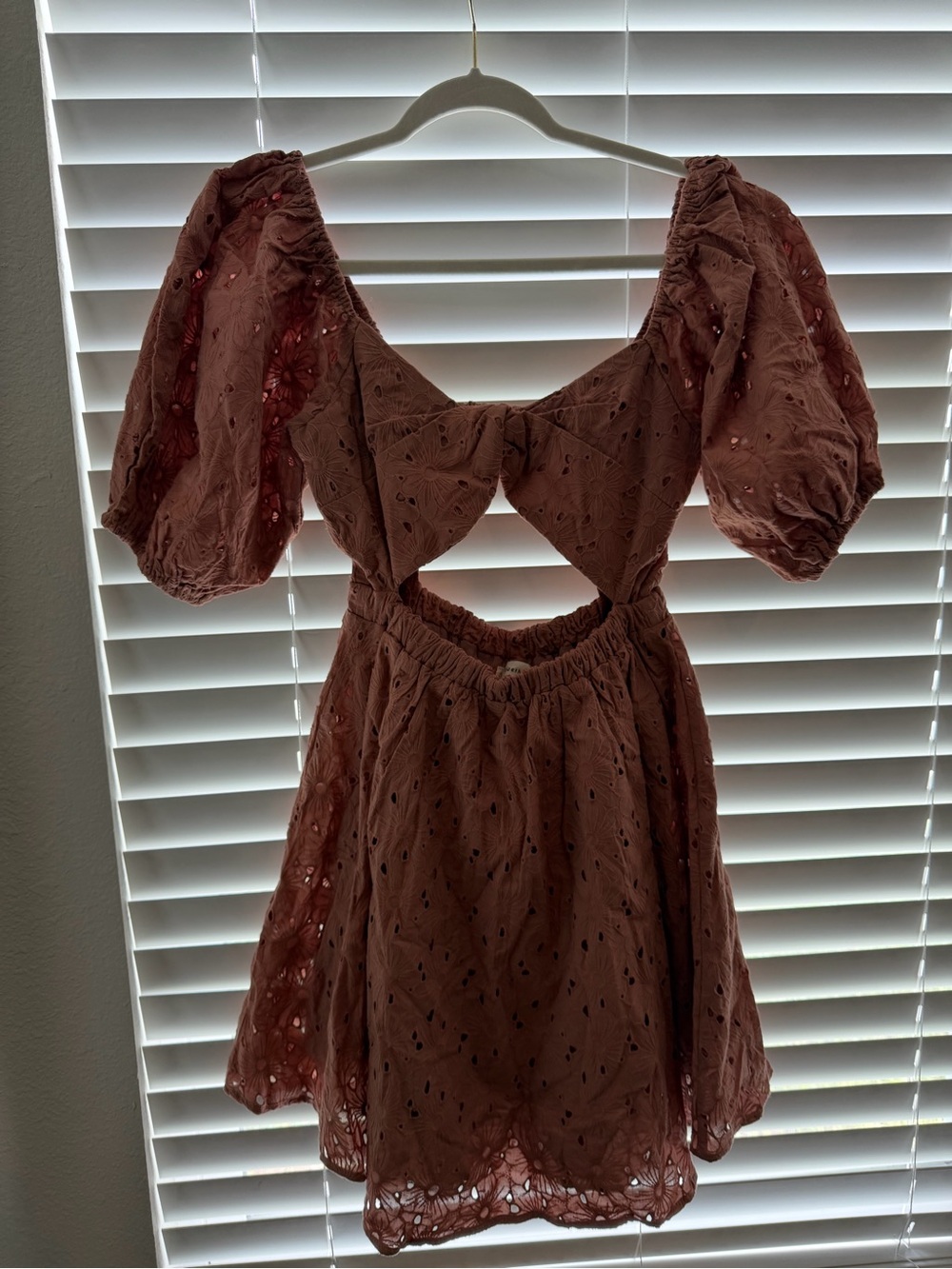 Rust Eyelet Cutout Puff Sleeve Mini Dress